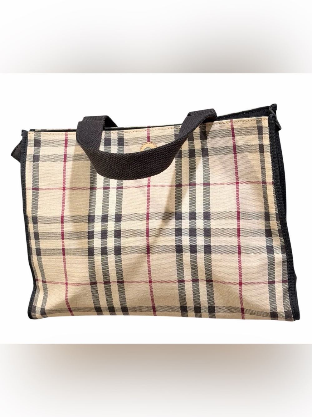 Burberry Beige Plaid Tote with Black Handles- Preowned As Is